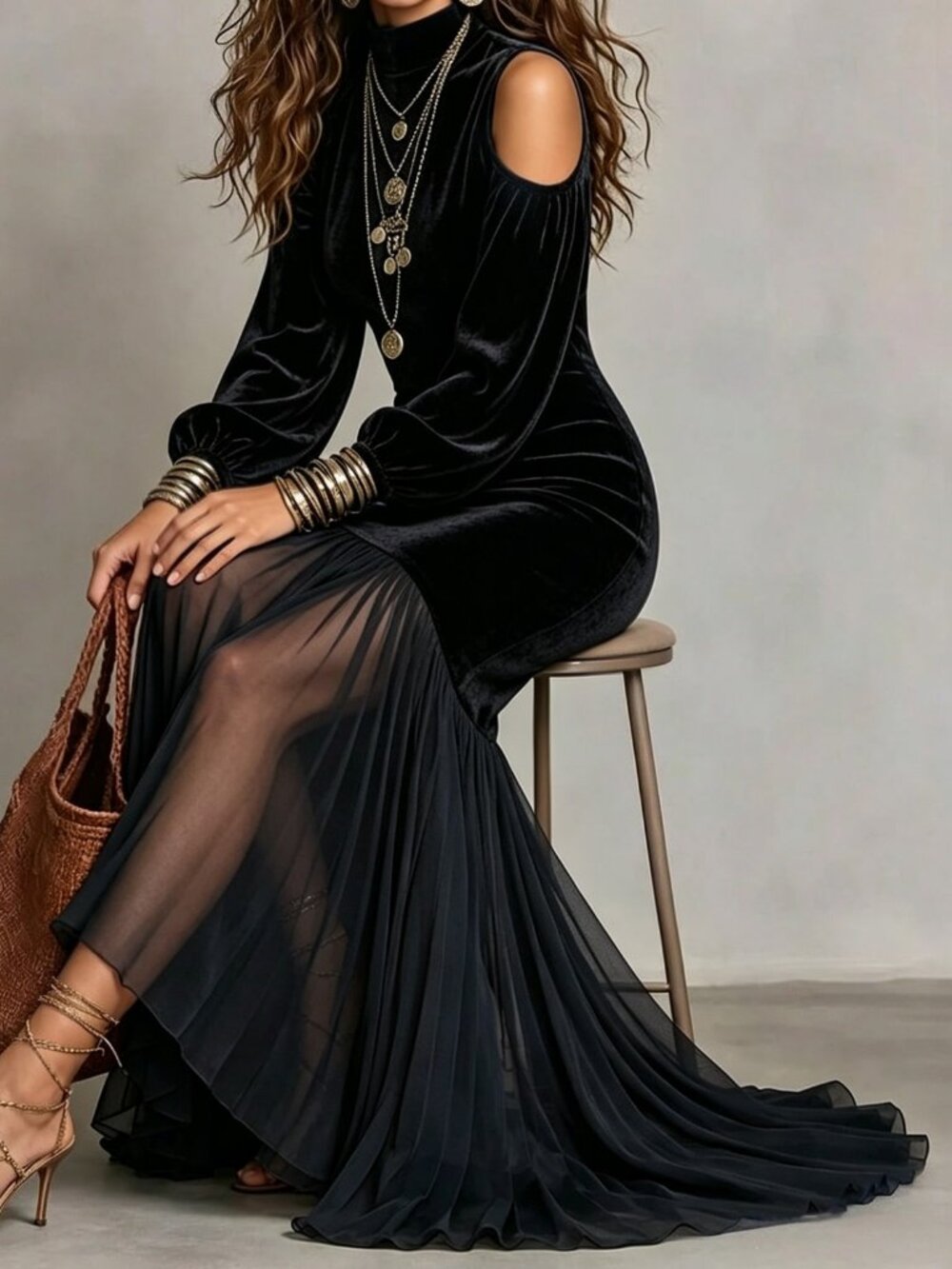 Black Chic Women's Open Shoulder Puff Chiffon Asymmetrical Fishtail Dress - Picture 5 of 6